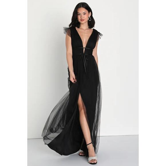 Lulu's The Lulus I'm All Yours Black Tulle Ruffled Chiffon Maxi Dress Size L - Picture 1 of 11